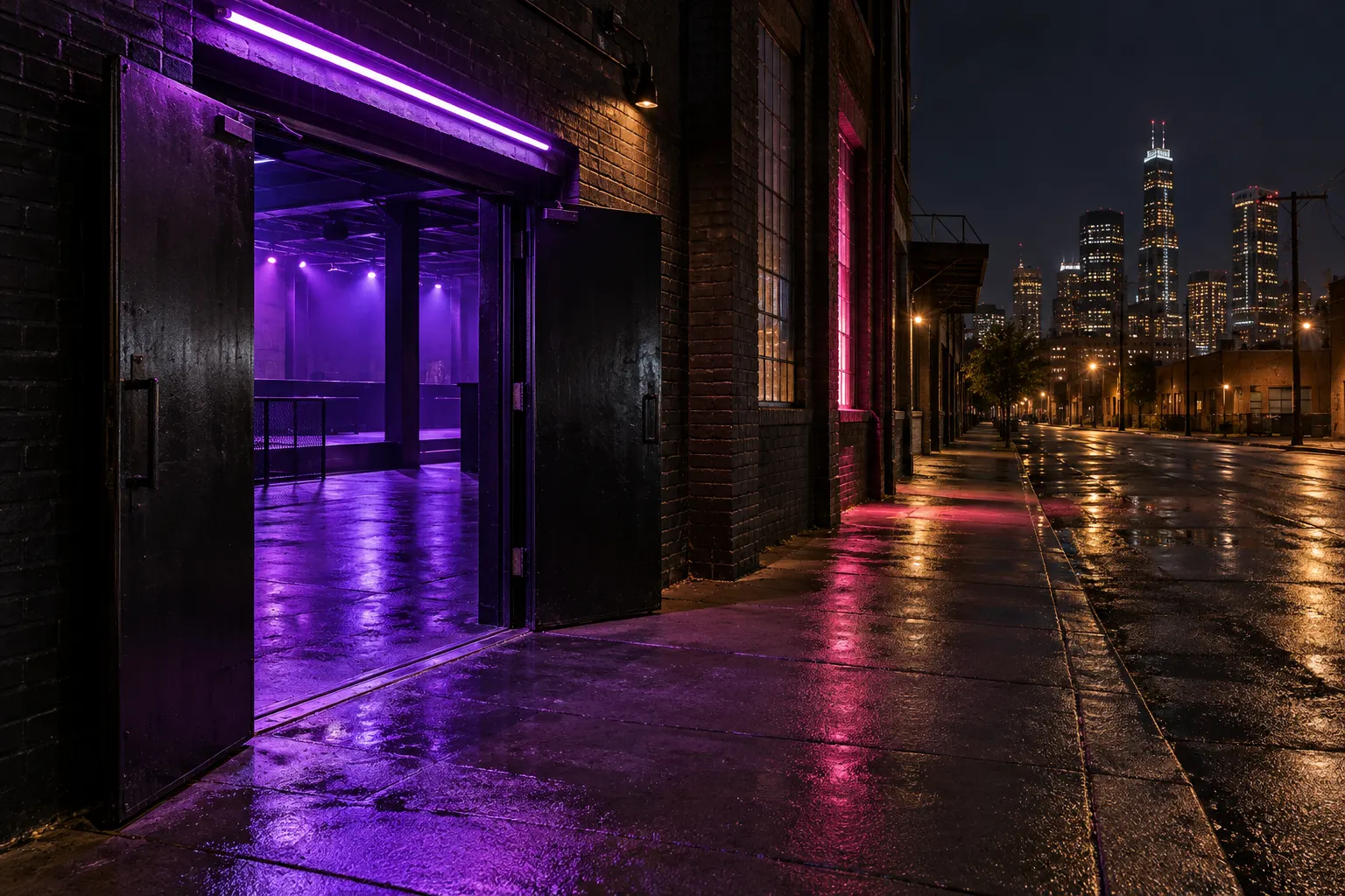 An empty purple-lit venue entrance opening toward a distant city skyline at night.